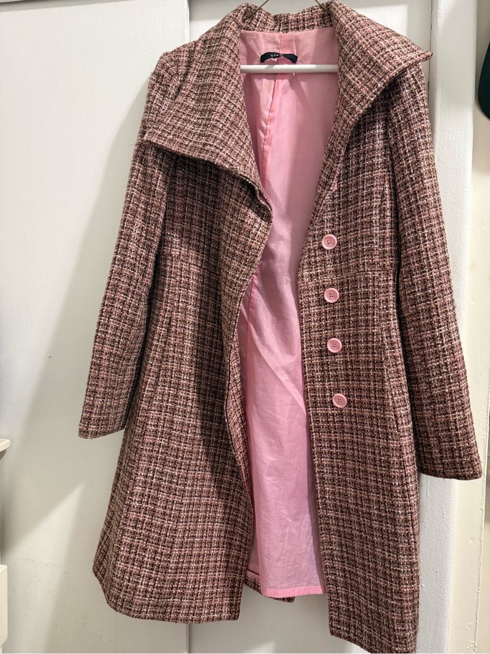 Vintage Tailored Pink Plaid Tweed Pea Coat with Notch Collar